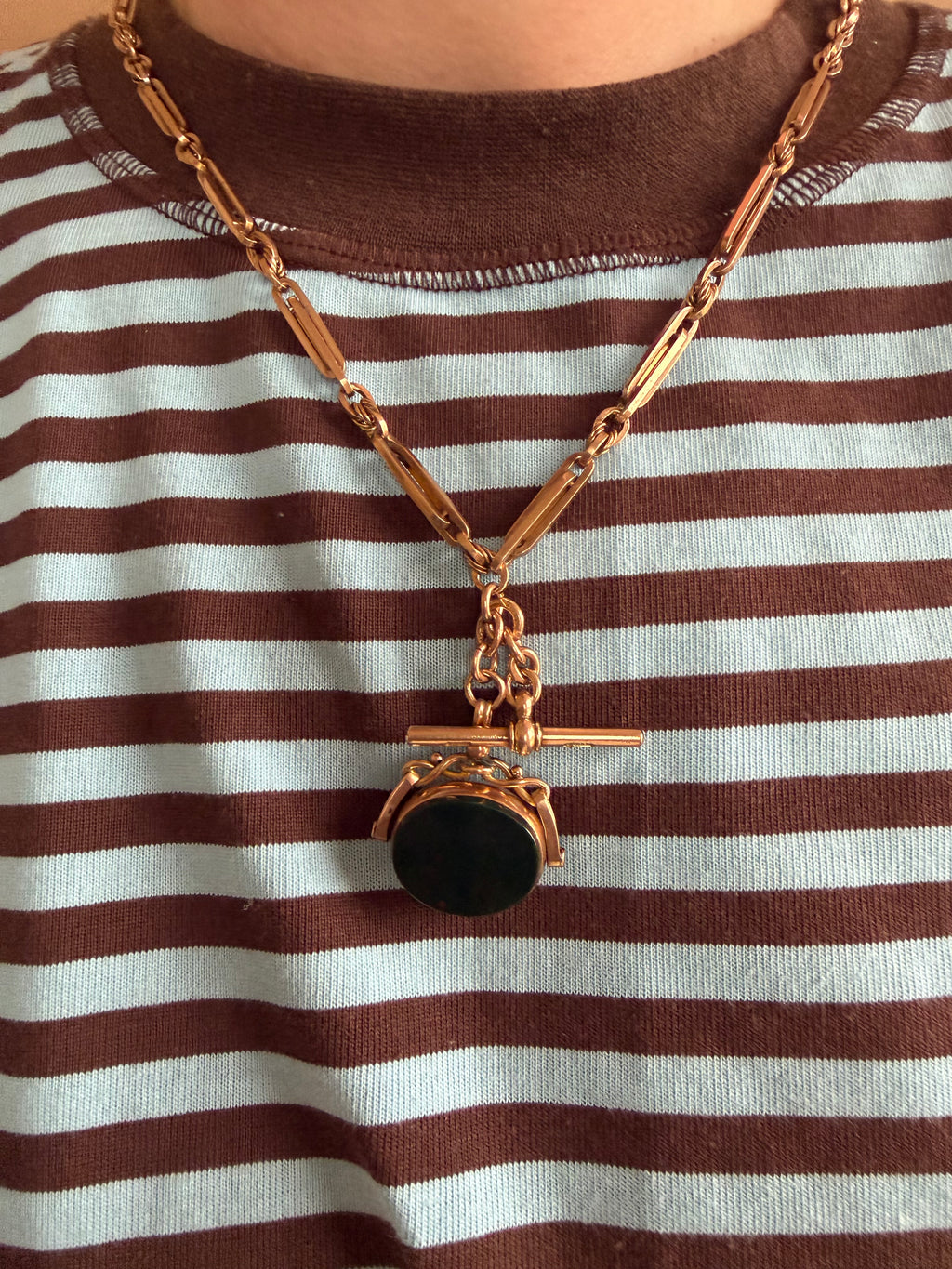 9ct Rose Gold Albert Chain with Bloodstone and Carnelian Swivel Fob 13 inches