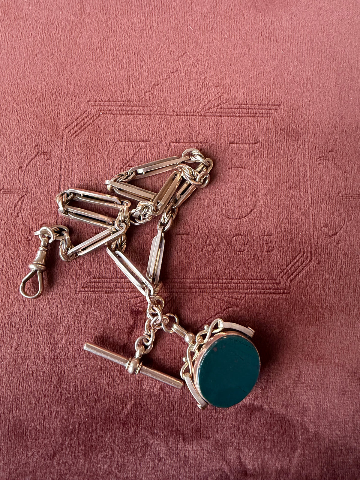 9ct Rose Gold Albert Chain with Bloodstone and Carnelian Swivel Fob 13 inches