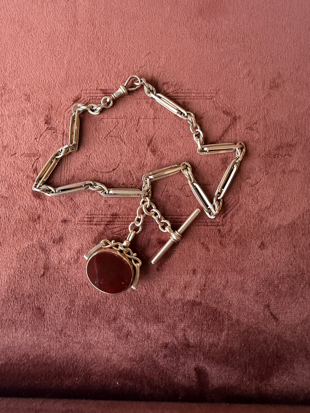 9ct Rose Gold Albert Chain with Bloodstone and Carnelian Swivel Fob 13 inches
