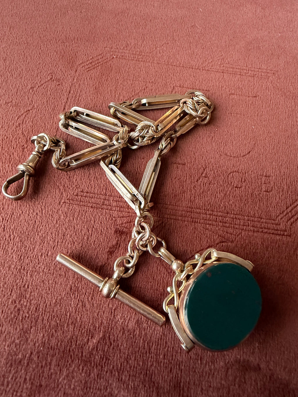 9ct Rose Gold Albert Chain with Bloodstone and Carnelian Swivel Fob 13 inches
