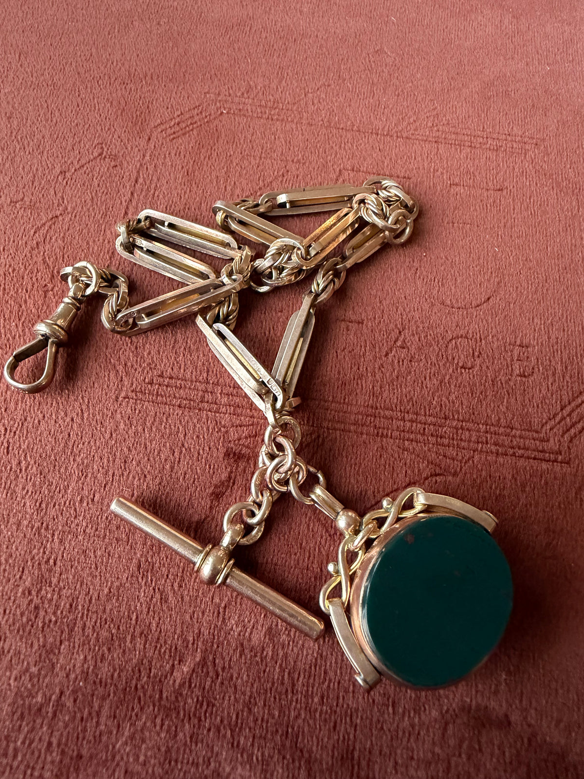 9ct Rose Gold Albert Chain with Bloodstone and Carnelian Swivel Fob 13 inches