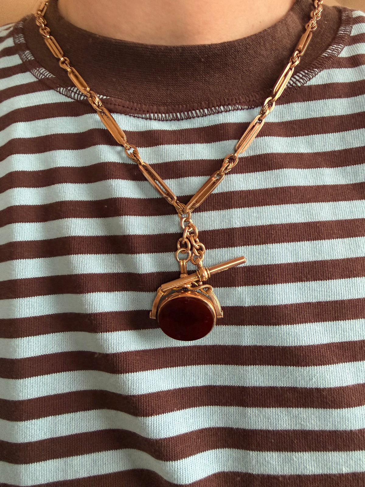 9ct Rose Gold Albert Chain with Bloodstone and Carnelian Swivel Fob 13 inches