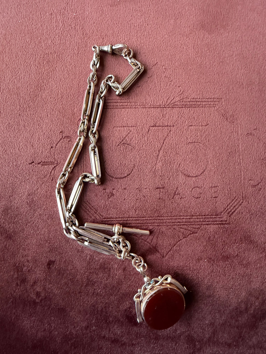 9ct Rose Gold Albert Chain with Bloodstone and Carnelian Swivel Fob 13 inches