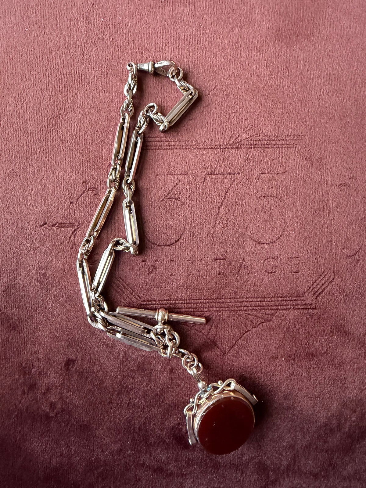 9ct Rose Gold Albert Chain with Bloodstone and Carnelian Swivel Fob 13 inches