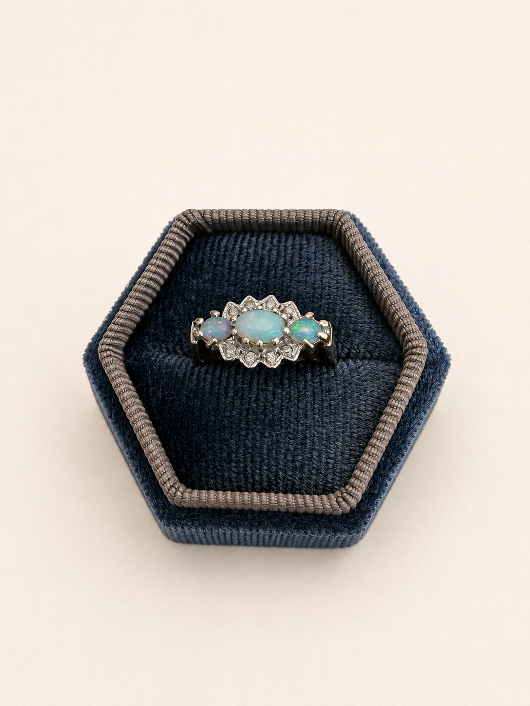 9ct Gold Triple Opal and Diamond Cluster Ring