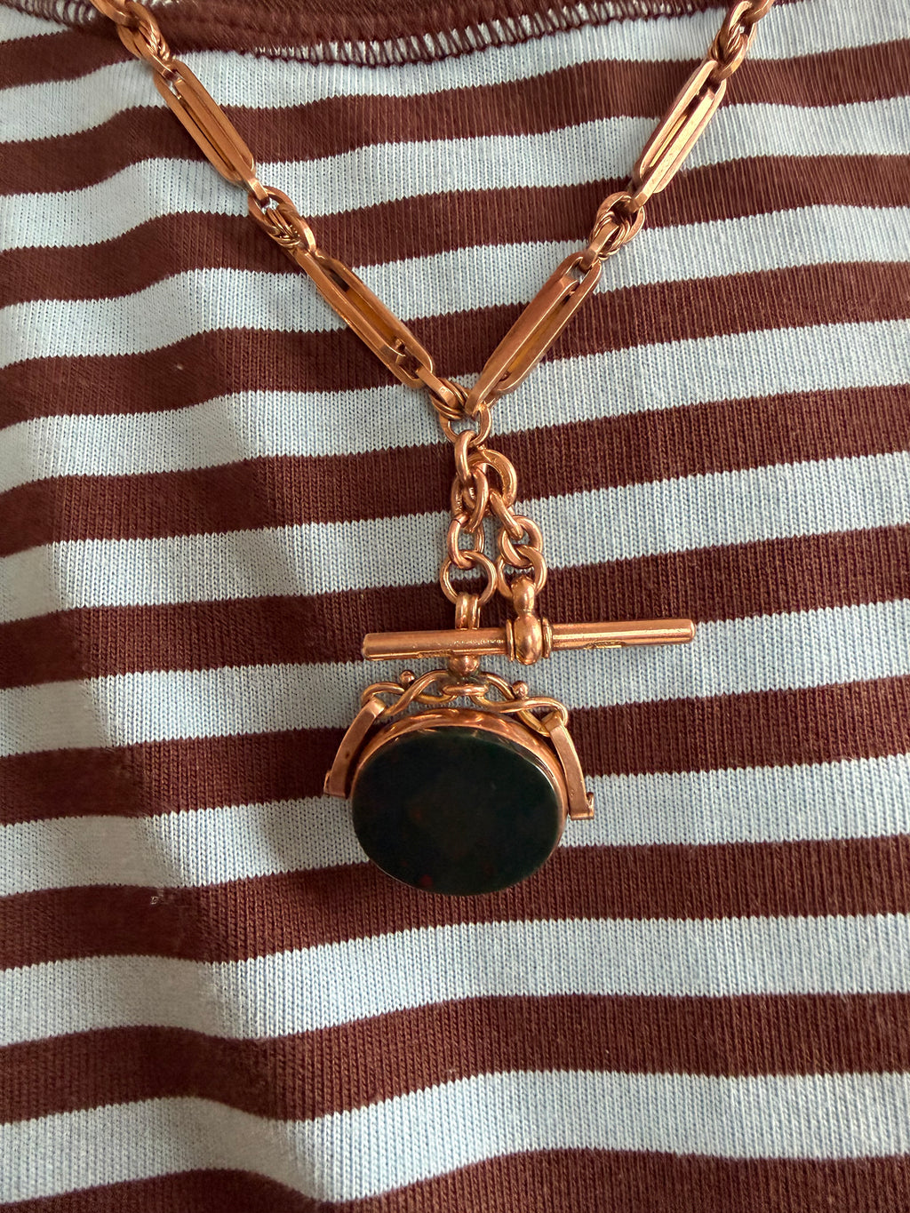 9ct Rose Gold Albert Chain with Bloodstone and Carnelian Swivel Fob 13 inches
