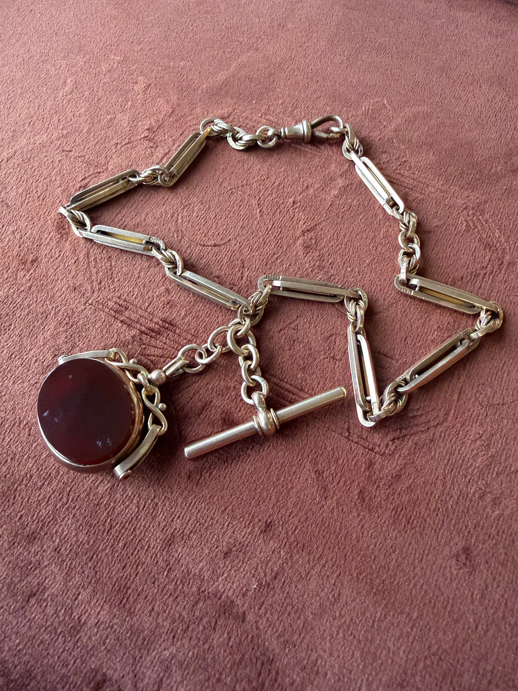 9ct Rose Gold Albert Chain with Bloodstone and Carnelian Swivel Fob 13 inches