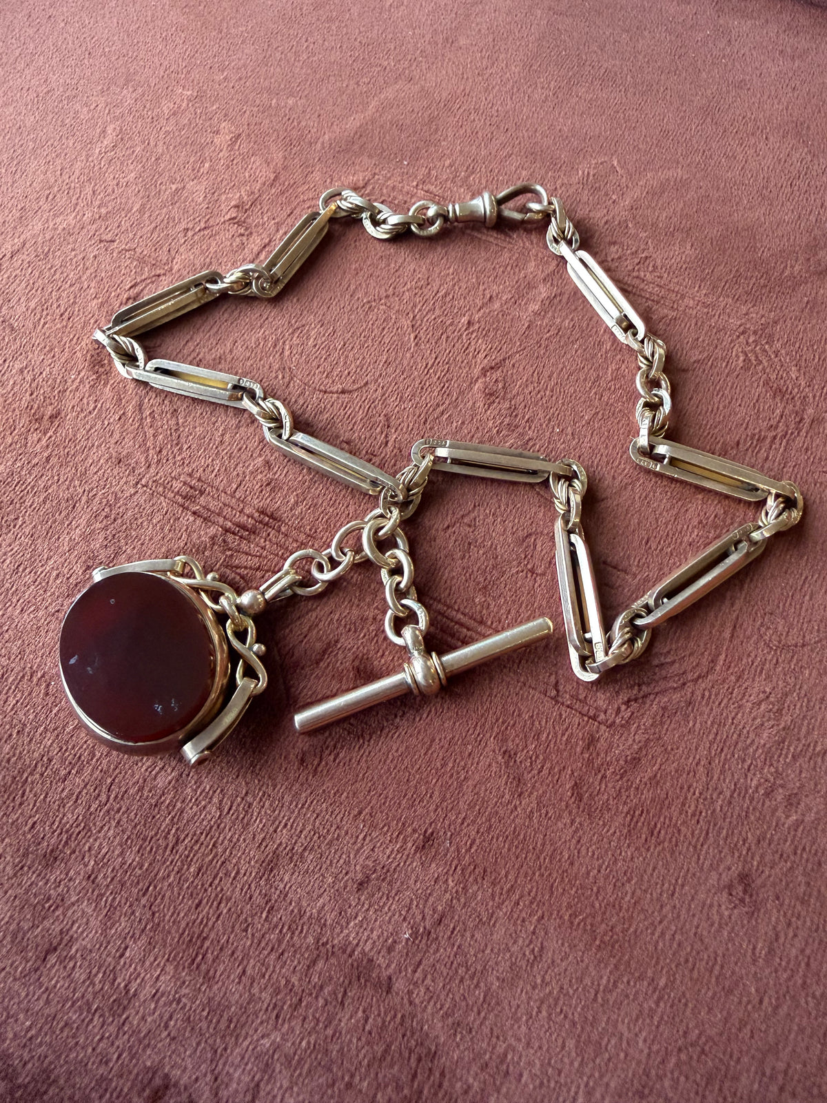 9ct Rose Gold Albert Chain with Bloodstone and Carnelian Swivel Fob 13 inches