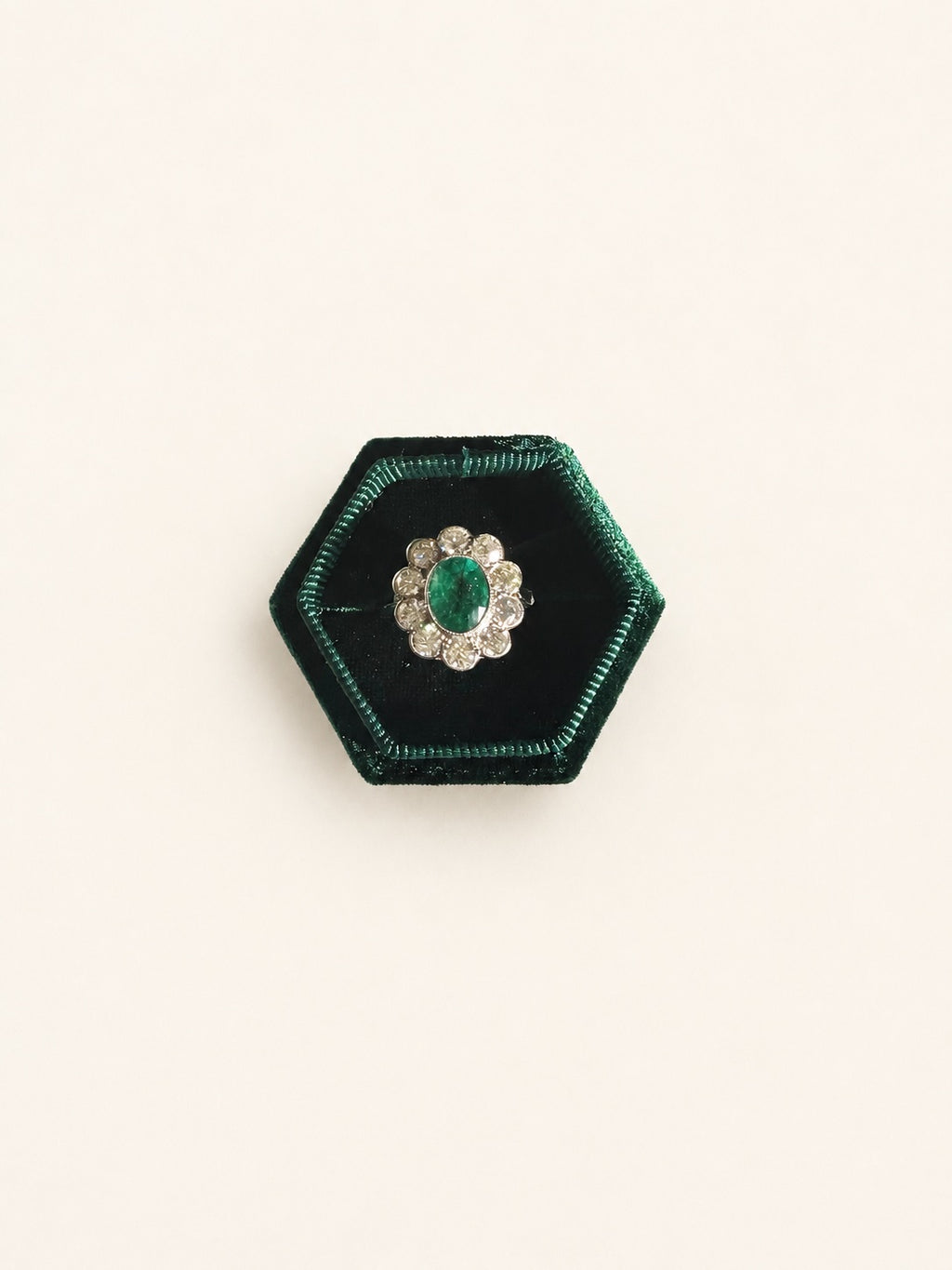 Platinum Diamond & Emerald Cluster Ring | 375 Vintage