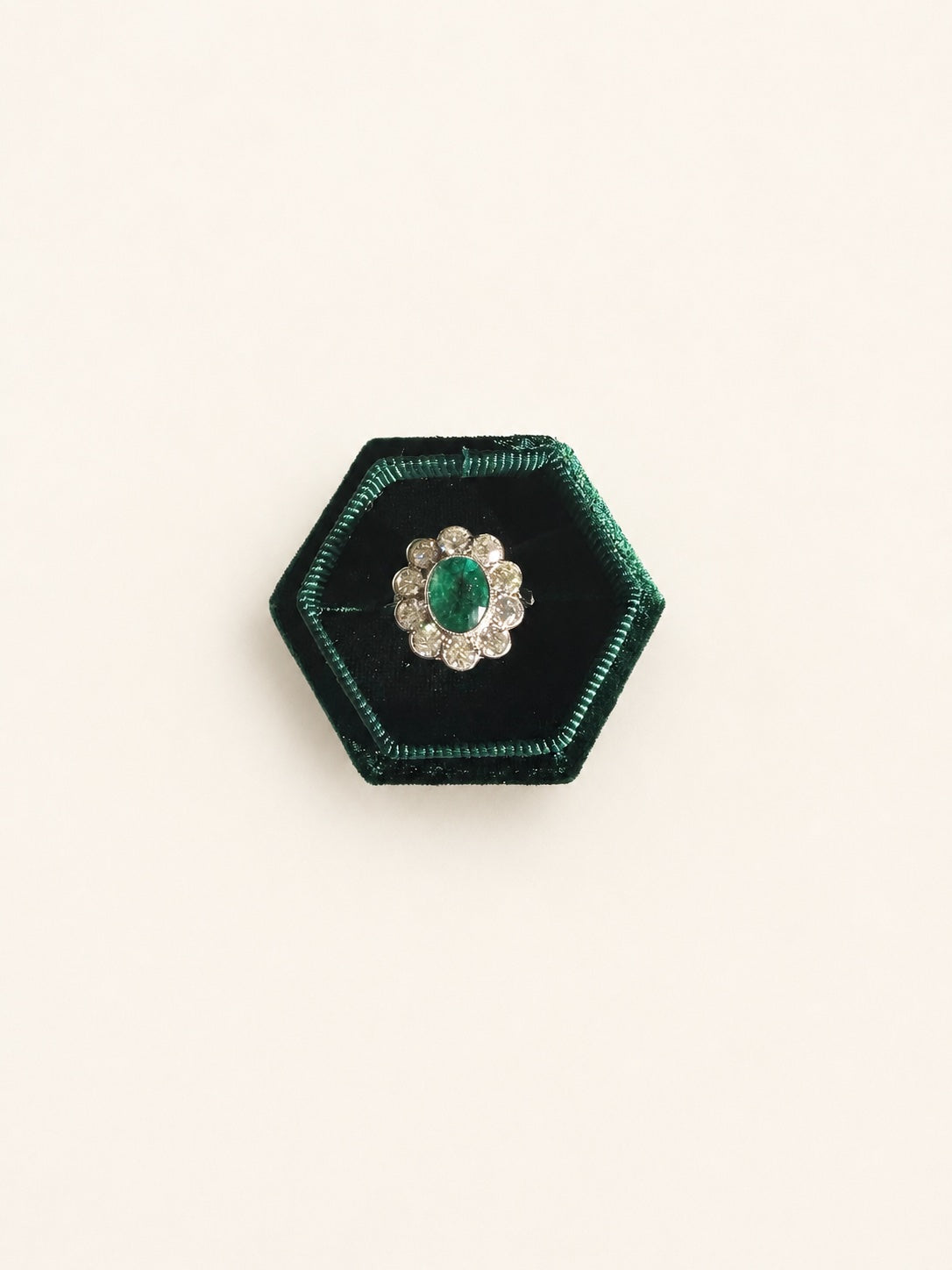 Platinum Diamond & Emerald Cluster Ring | 375 Vintage