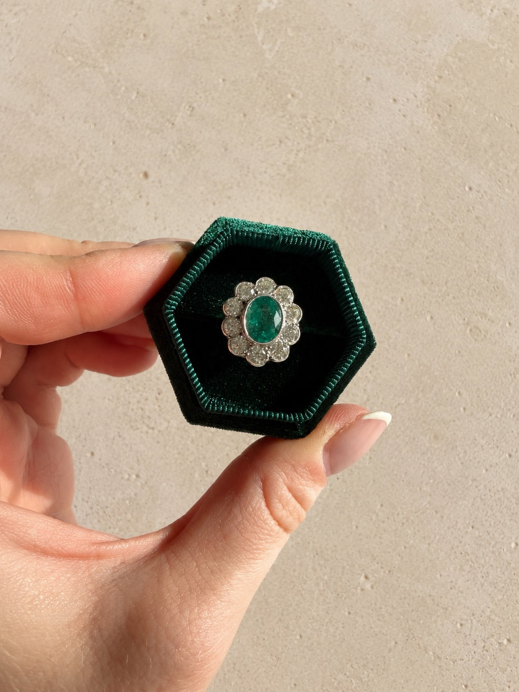 Platinum Diamond and Emerald Cluster Ring