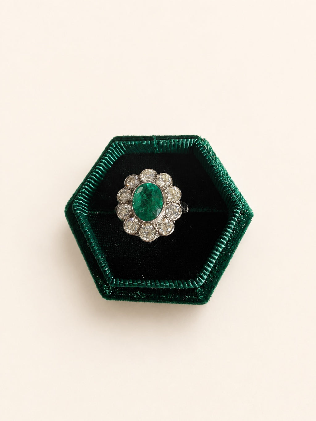 Platinum Diamond and Emerald Cluster Ring