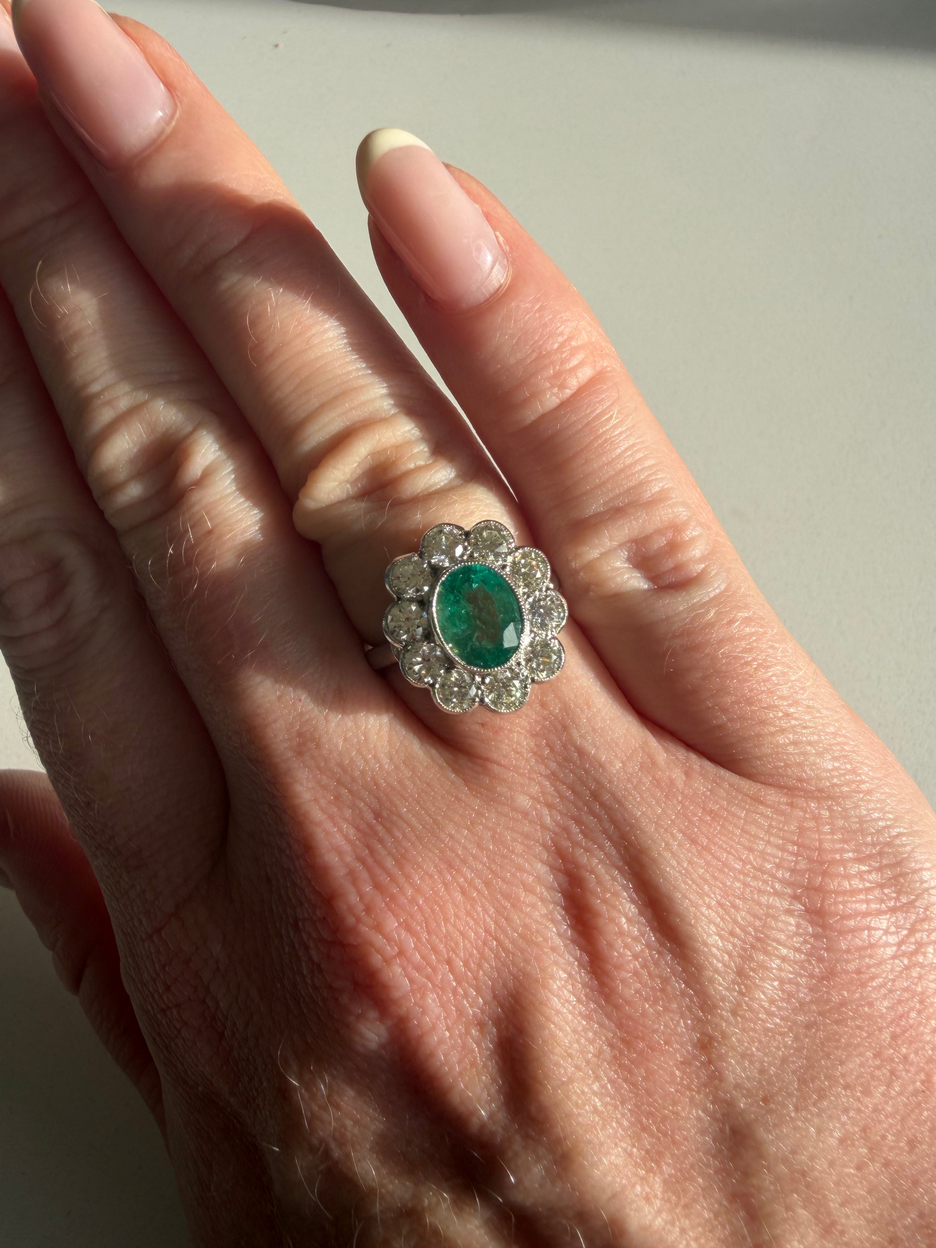 Platinum Diamond and Emerald Cluster Ring