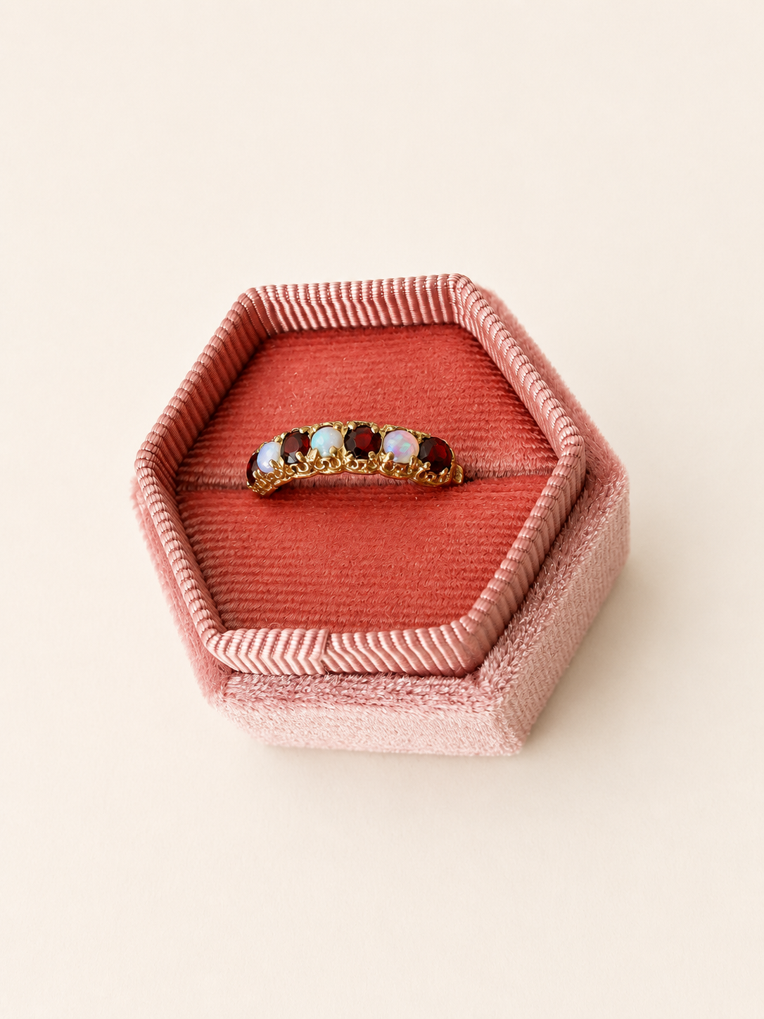 9ct Yellow Gold Opal and Garnet 7 Stone Ring