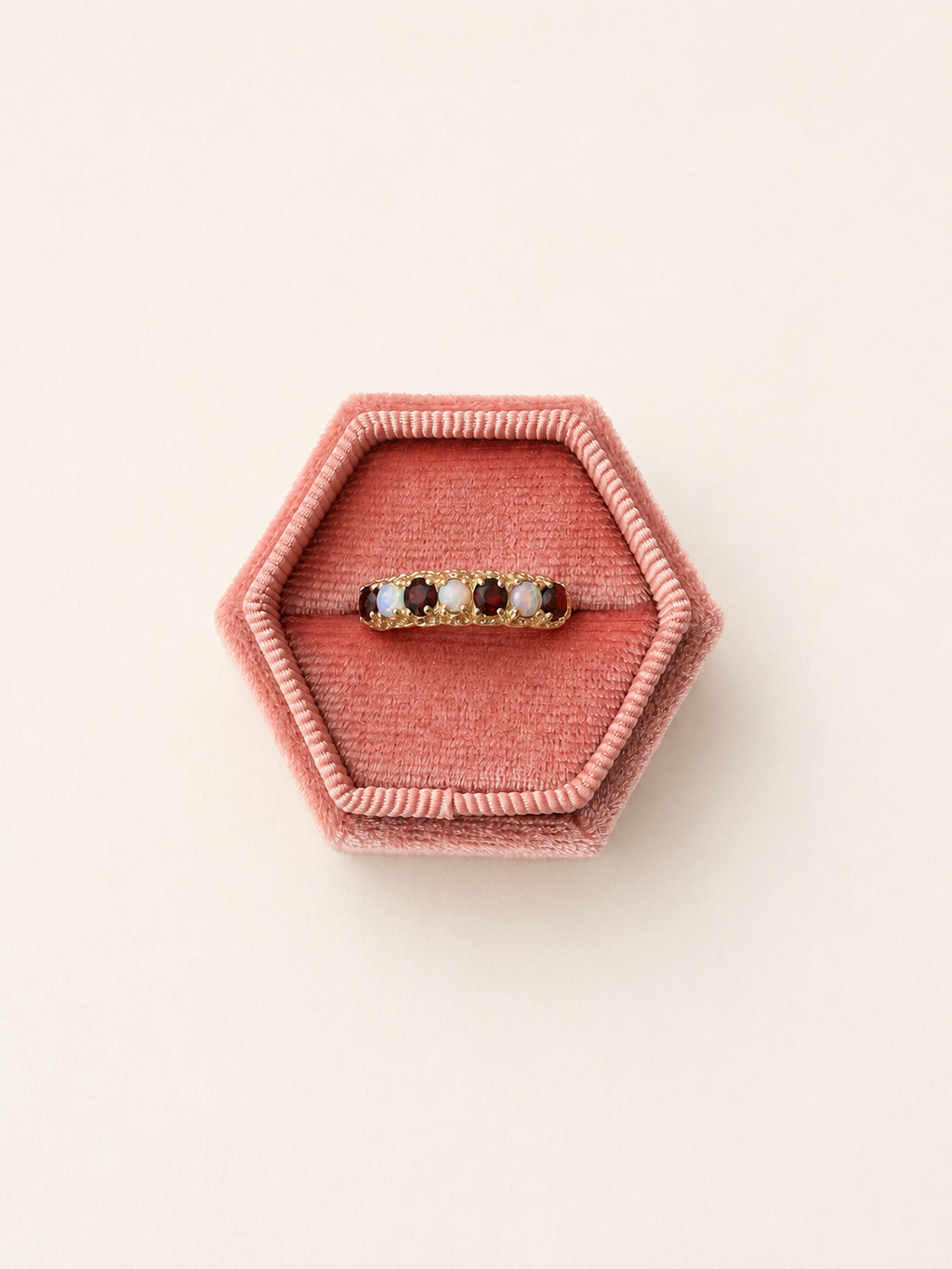 9ct Yellow Gold Opal and Garnet 7 Stone Ring
