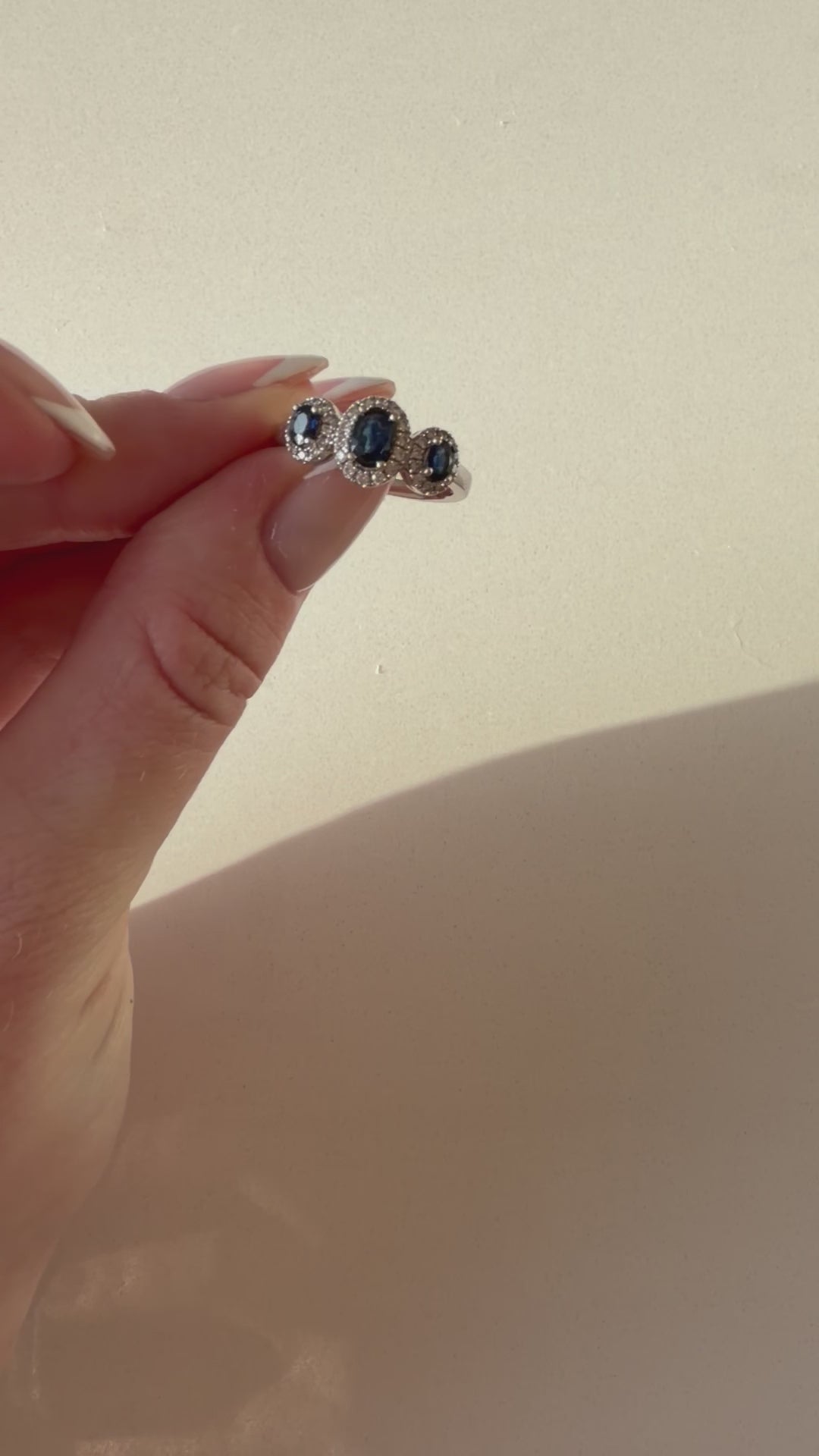 18ct White Gold Diamond and Triple Sapphire Halo Ring