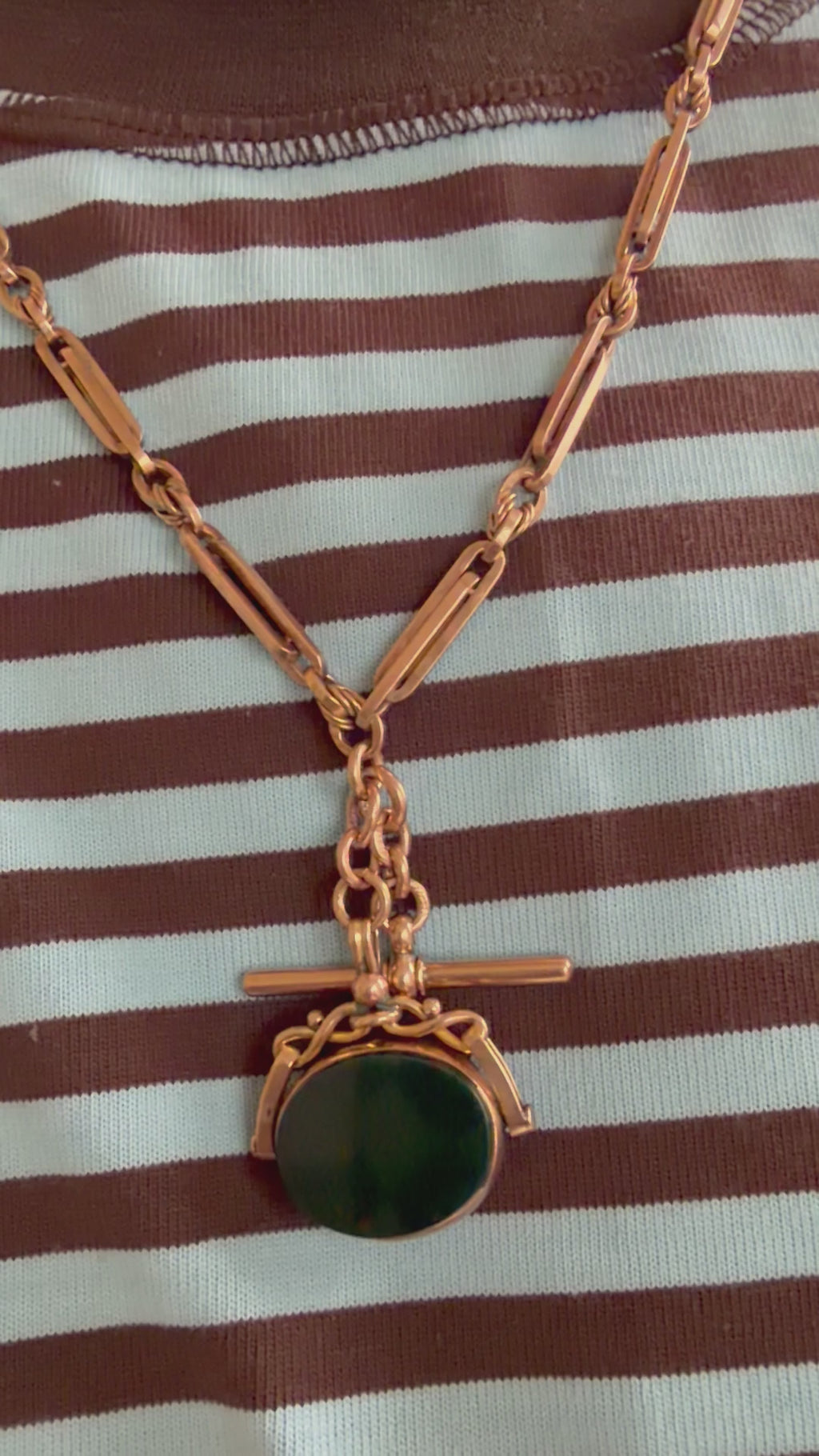 9ct Rose Gold Albert Chain with Bloodstone and Carnelian Swivel Fob 13 inches