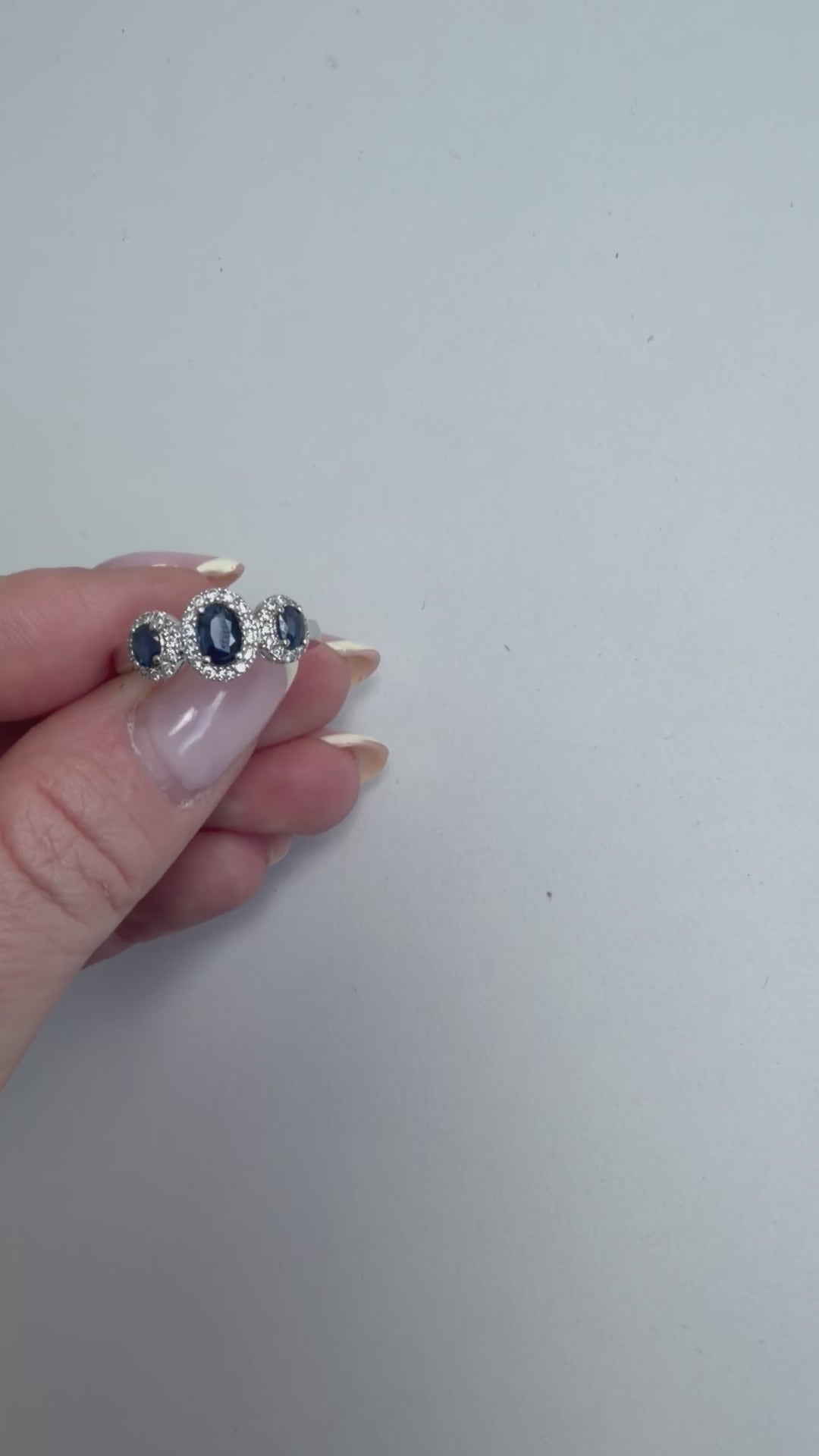 18ct White Gold Diamond and Triple Sapphire Halo Ring