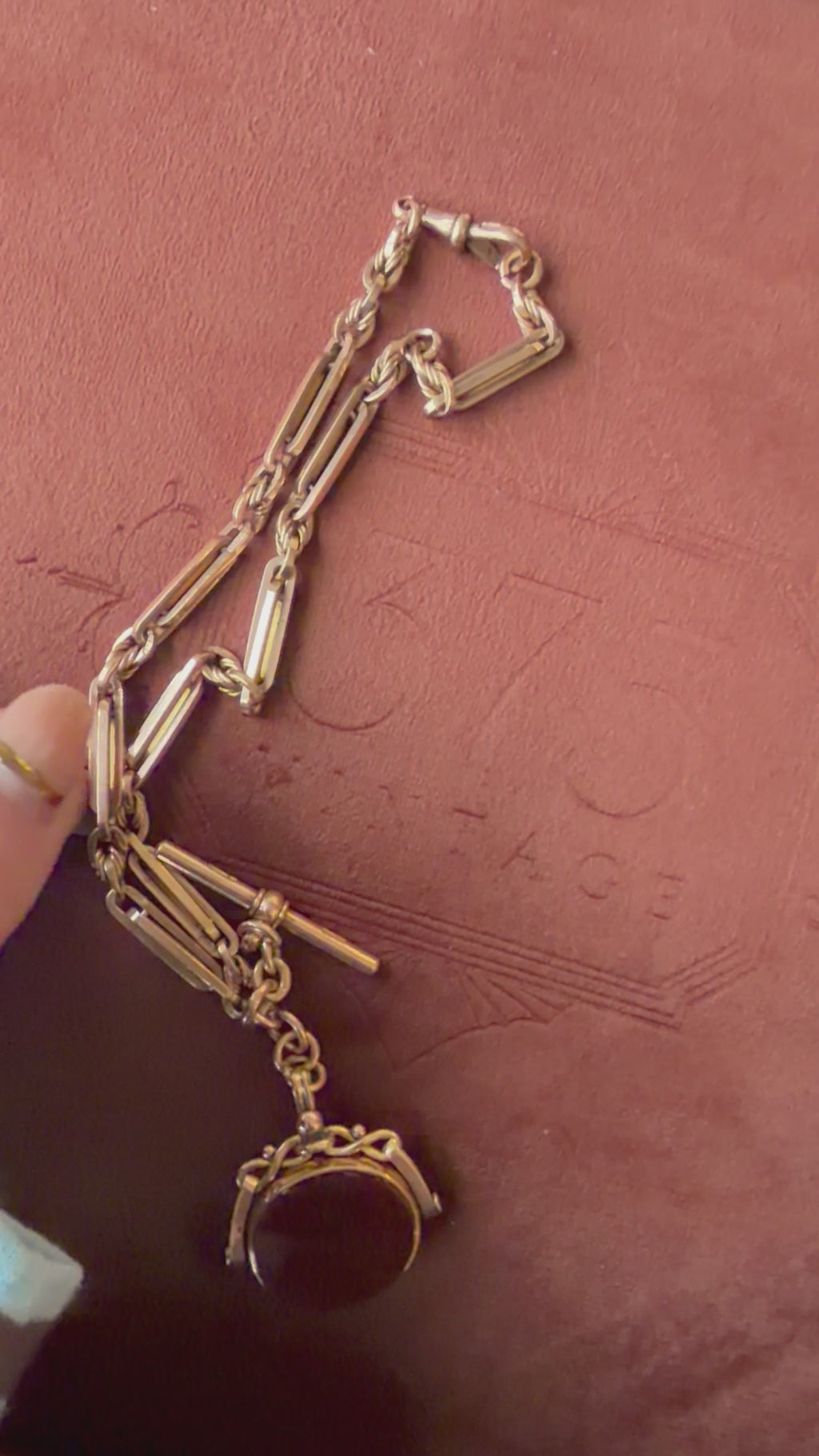 9ct Rose Gold Albert Chain with Bloodstone and Carnelian Swivel Fob 13 inches