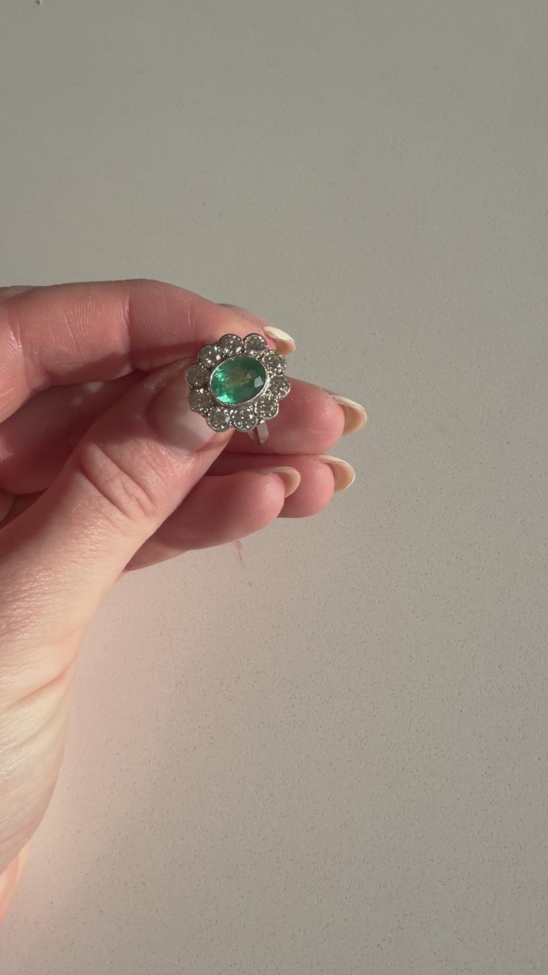 Platinum Diamond and Emerald Cluster Ring