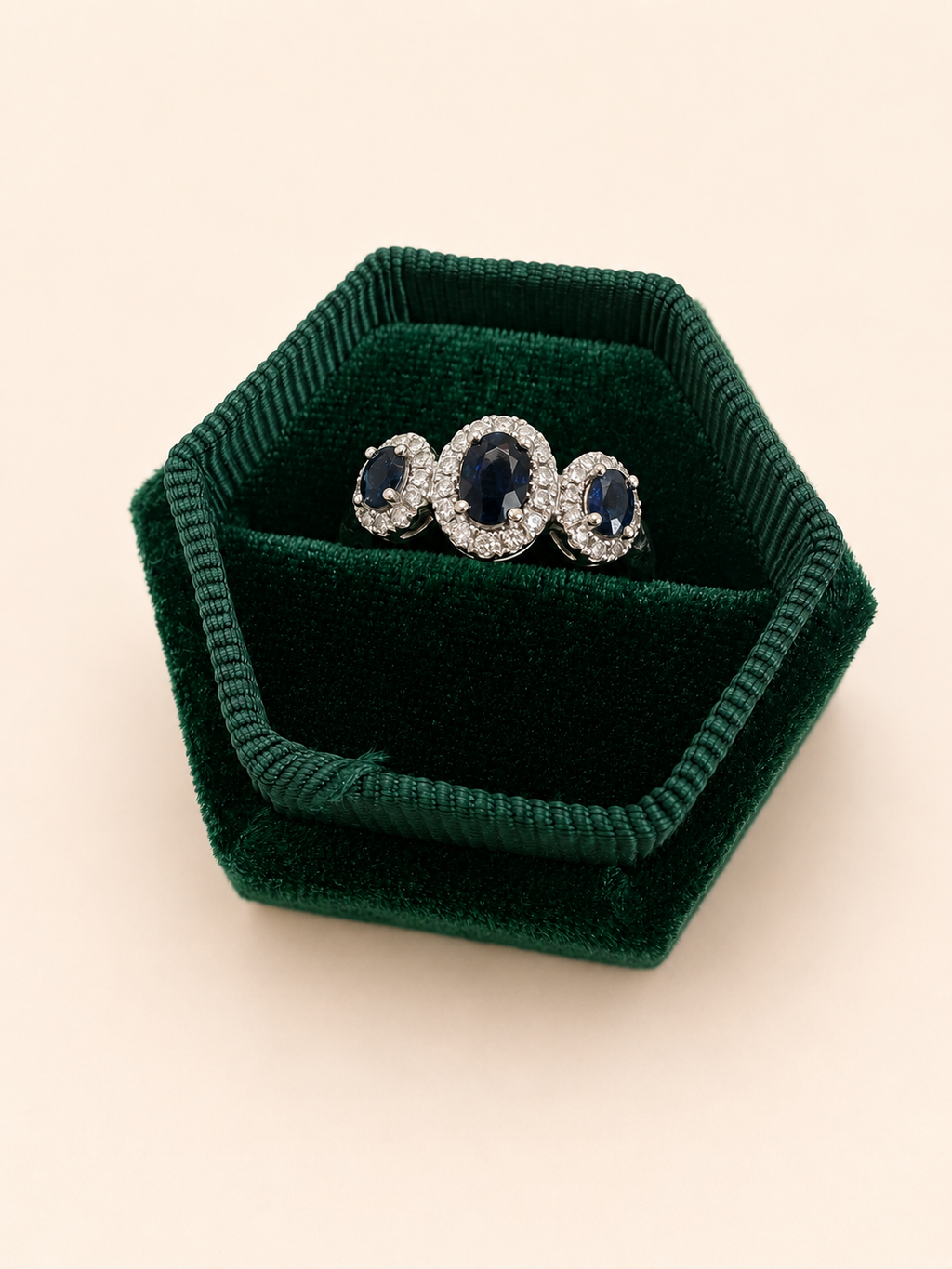 18ct White Gold Diamond and Triple Sapphire Halo Ring