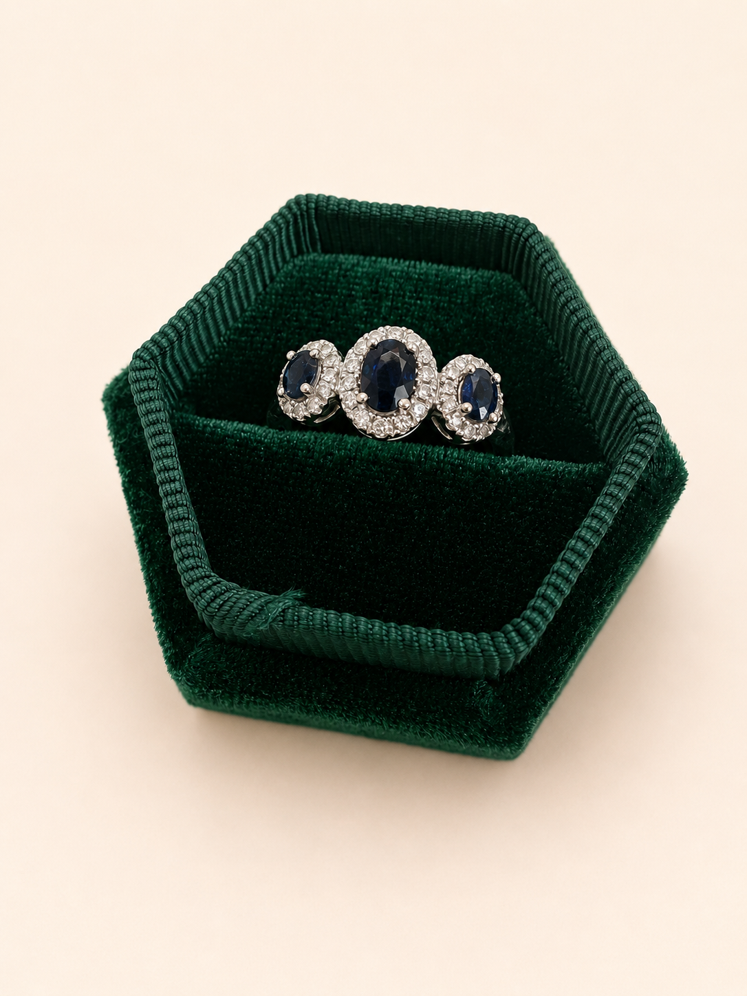 18ct White Gold Diamond and Triple Sapphire Halo Ring