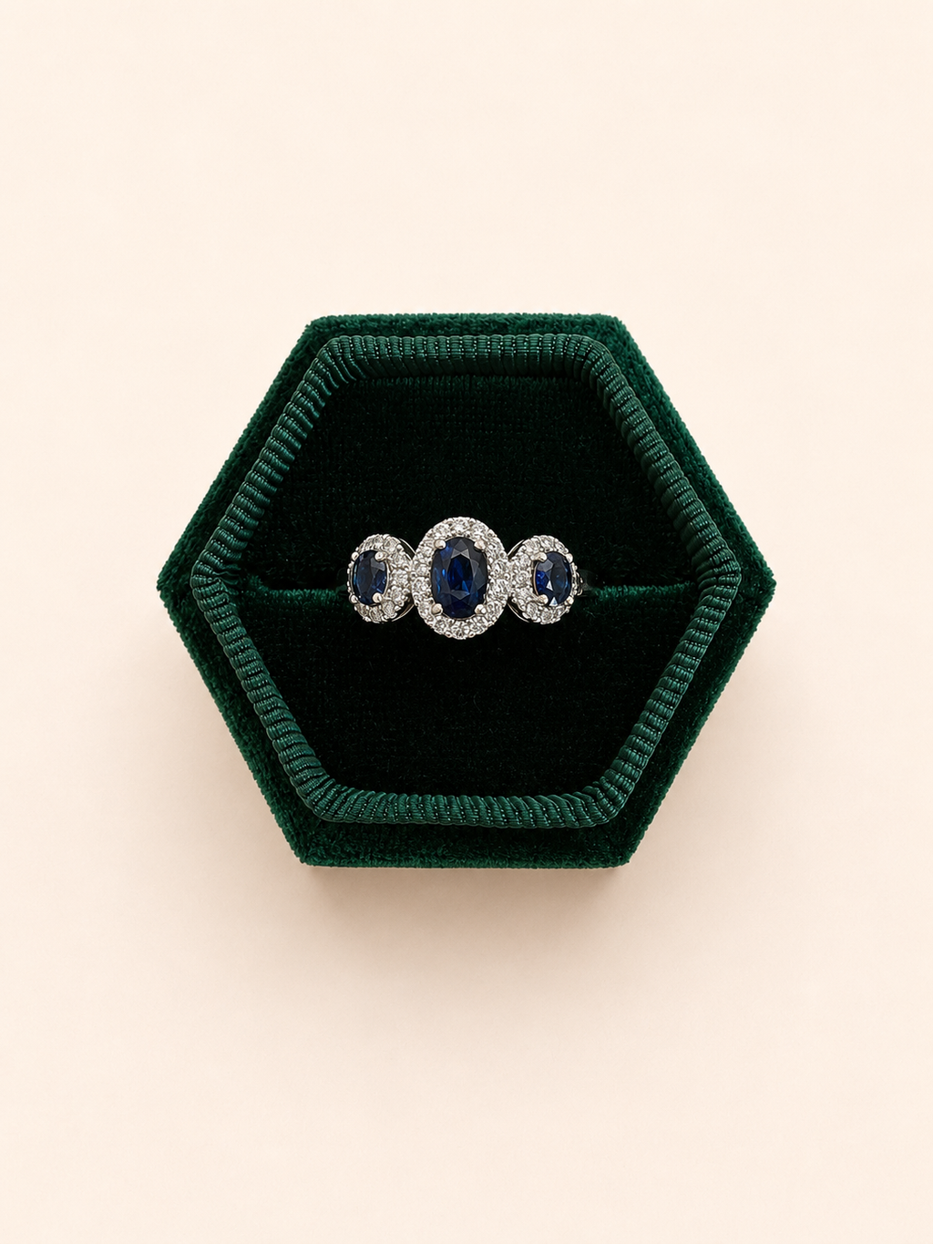 18ct White Gold Diamond and Triple Sapphire Halo Ring