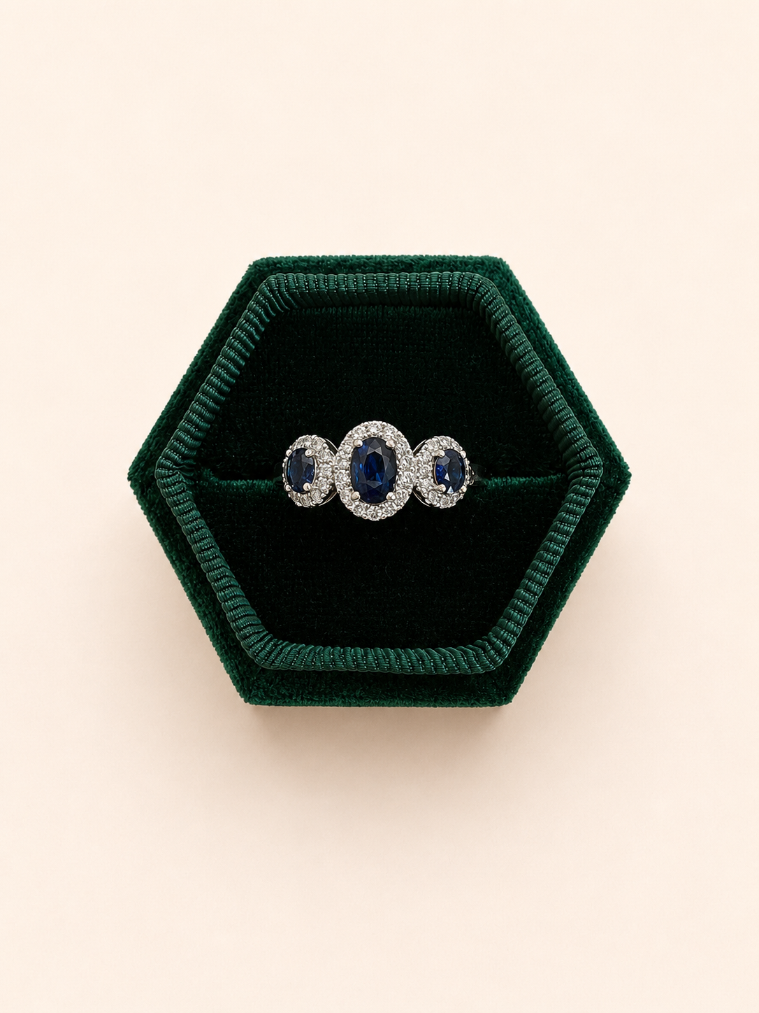 18ct White Gold Diamond and Triple Sapphire Halo Ring