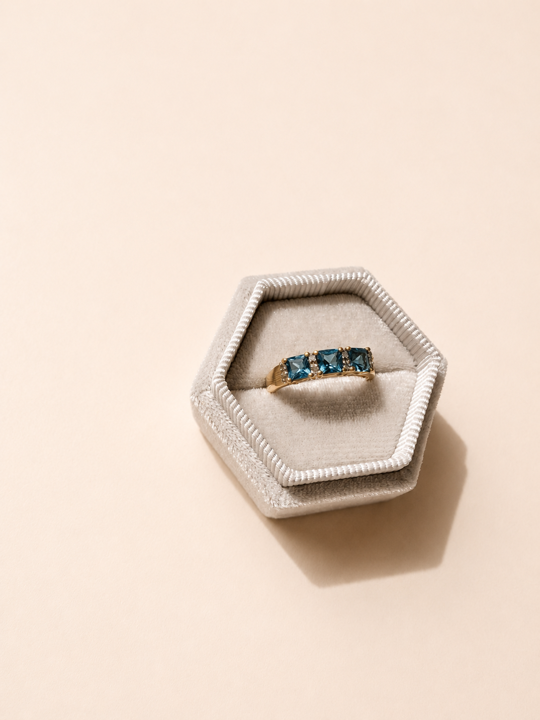 9ct Three Stone Blue Topaz and Diamond Ring